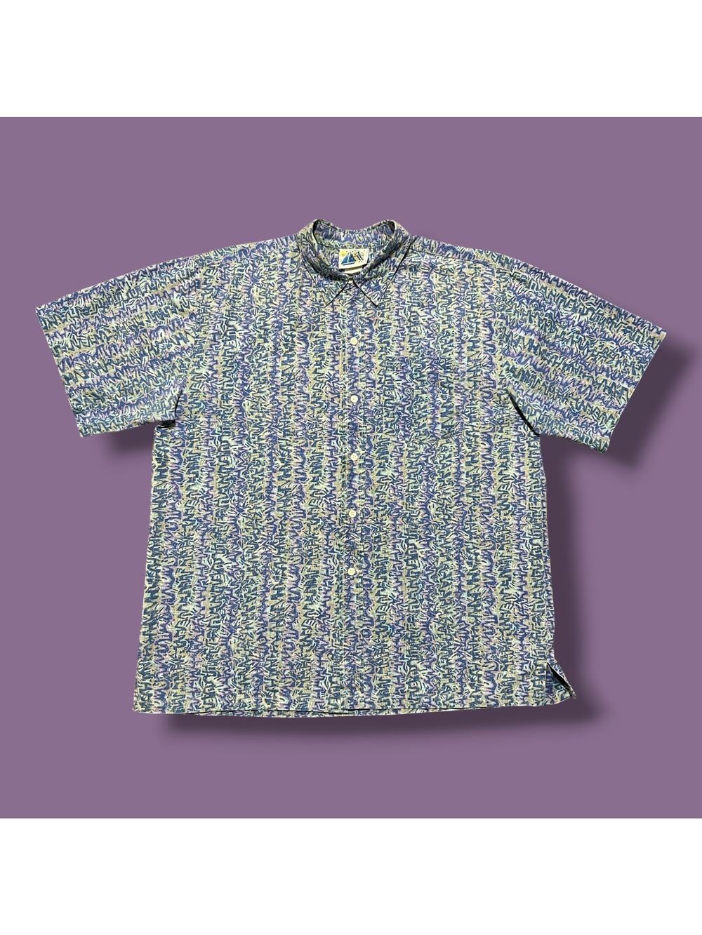 Vintage 80s Surf Shirt Abstract Print Trippy Button Up Sears Mens XL Purple